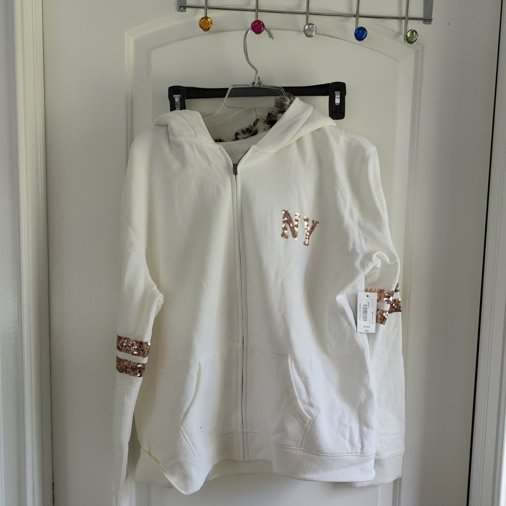CityStreets White Zip-Up Hoodie with Rose Gold Sequin Accents NWT